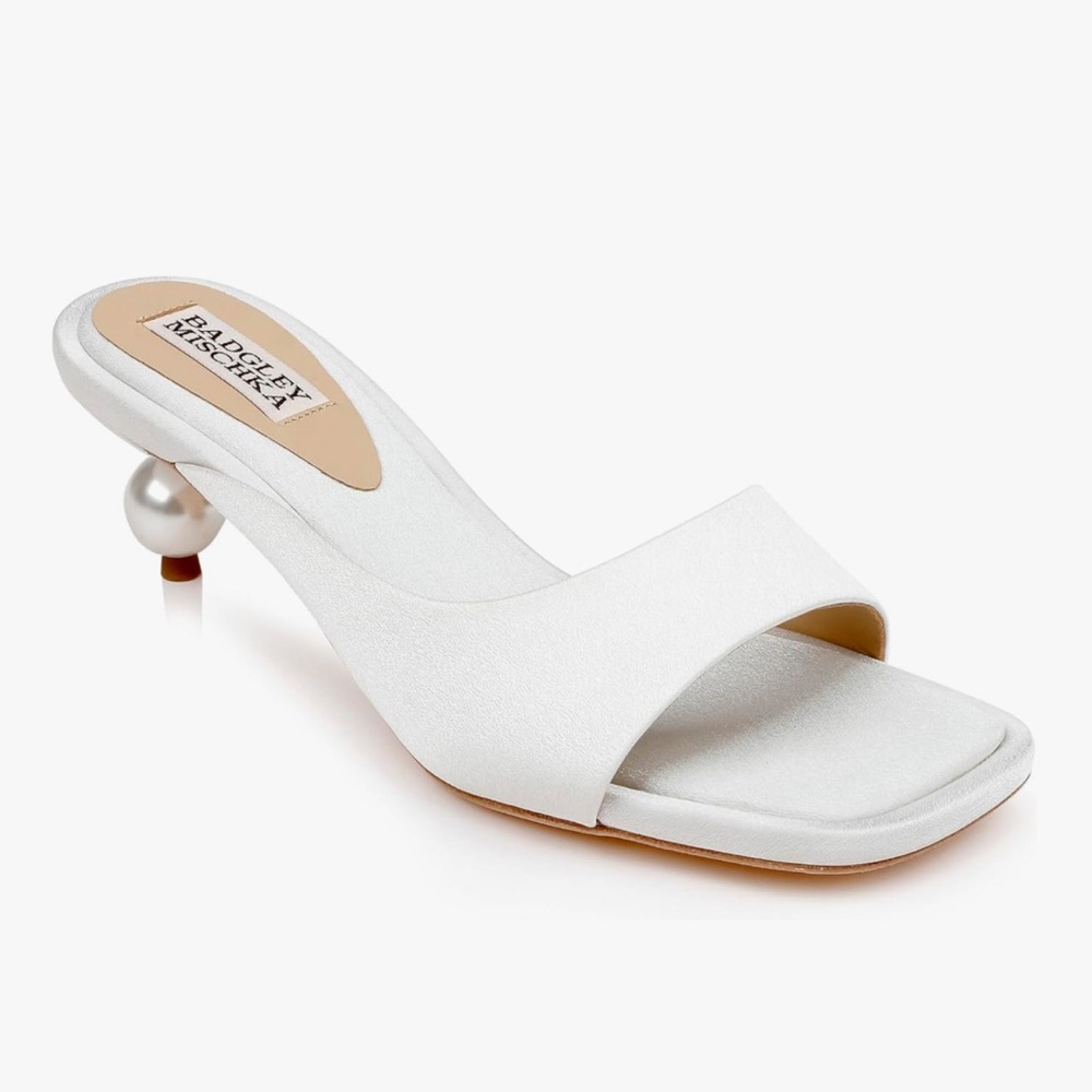 Badgley Mischka White Baila Heels Bridal slide on sandal pearl